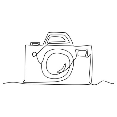 Çizgi fotoğraf makinesi çiziyor. Tek çizim fotoğraf ikonu, çizgi sanat fotoğrafçısı kamera taslağı, sürekli monolin çizimi, bir ana hatlı fotoğraf logosu, doğrusal vektör çizimi