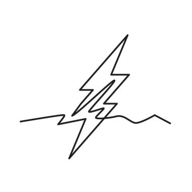 Çizgi çizme aydınlatma simgesi. Tek çizgili pil şarj aleti, çizgi sanat yıldırımı sembolü, sürekli tek taraflı yıldırım çizimi, bir ana hatlı çizgi logosu, doğrusal vektör çizimi