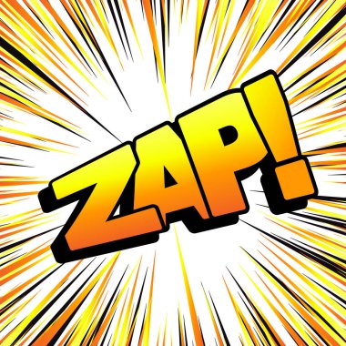 ZAP metni. Patlama etkisi, patlama komik kelimesi, ZAP! harf, bang print, sürpriz pop sanat vektör illüstrasyonu siyah, sarı, turuncu renkler
