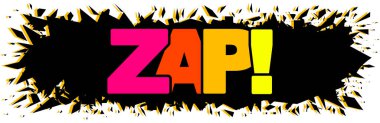 Siyah patlama arkaplanı üzerine ZAP gökkuşağı metni. Lanet komik kelime, ZAP! harf, bang print, renkli pop sanat vektörü çizimi