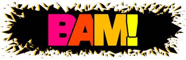 Siyah patlama arkaplanı üzerine BAM gökkuşağı metni. Lanet komik kelime, BAM! harf, bang print, renkli pop sanat vektörü çizimi