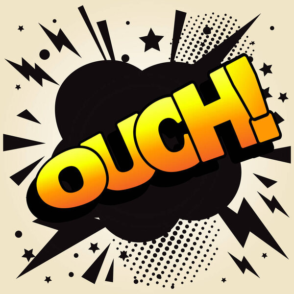 OUCH text. Explosion effect, blast comic word, OUCH! lettering, bang print, surprise pop art vector illustration in black, yellow, orange colors