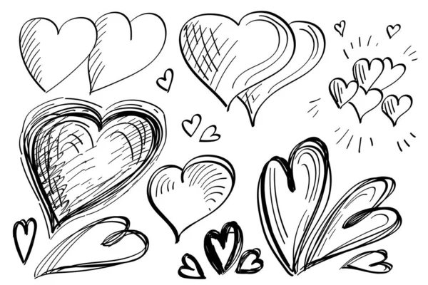 Conjunto Coração Desenhado Mão Amor Forma Doodle Símbolo Scribble Coração — Vetor de Stock