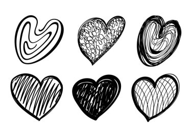 El çizimi kalp hazır. Aşk şekli karalama sembolü, karalama kalp vektör simgesi, düğün silueti, klasik el yazması çizim seti