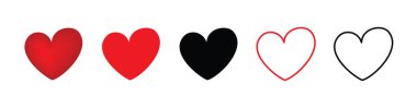 Kalp ikonu ayarlandı. Kırmızı ve siyah kalpler sembolü, aşk işareti, kalp atışı silueti, beyaz arkaplanda izole kalp resimleri, romantik vektör illüstrasyonu
