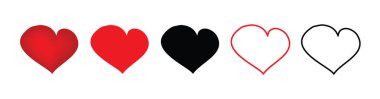 Kalp ikonu ayarlandı. Kırmızı ve siyah kalpler sembolü, aşk işareti, kalp atışı silueti, beyaz arkaplanda izole kalp resimleri, romantik vektör illüstrasyonu