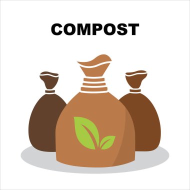 Kompost poşeti ikonu. Torba sembolünü gübrele, gübrelenebilir tabela ile bitki silueti, pislik torbaları piktogramlar, bahçe toprağı konsepti