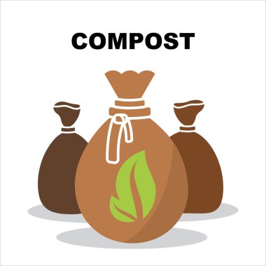 Kompost poşeti ikonu. Torba sembolünü gübrele, gübrelenebilir tabela ile bitki silueti, pislik torbaları piktogramlar, bahçe toprağı konsepti