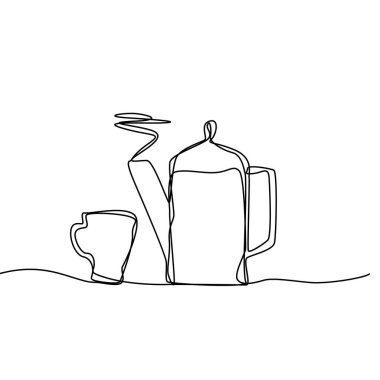 Çaydanlık çiziliyor. Tek çizgili çaydanlık, çizgili sanat çaydanlığı, sürekli tek çizimli çaydanlık, bir ana hatlı çaydanlık logosu, doğrusal vektör çizimi