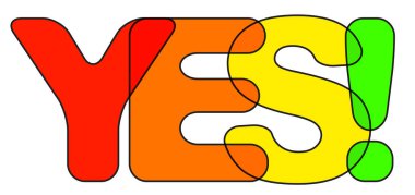 EVET gökkuşağı metni. Evet spektrum kelimesi, evet harf, anlaşma mesajı konsepti, baskı, pozitif cevap renkli vektör illüstrasyonu