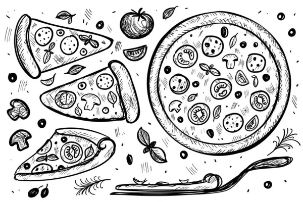 Coupe Pizza Dessinée Main Gravure Sur Pizzeria Logo Croquis Gribouillage — Image vectorielle