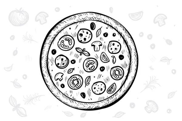 Elle çizilmiş pizza dilimi. Pizzacı logosu, çizim, karalama, beyaz arka planda bir dilim pepperoni pizza, vektör illüstrasyon