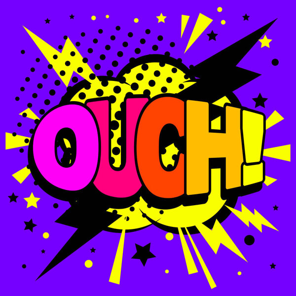 OUCH rainbow text. Explosion effect, blast comic word, boom lettering, OUCH! print, colorful surprise pop art vector illustration