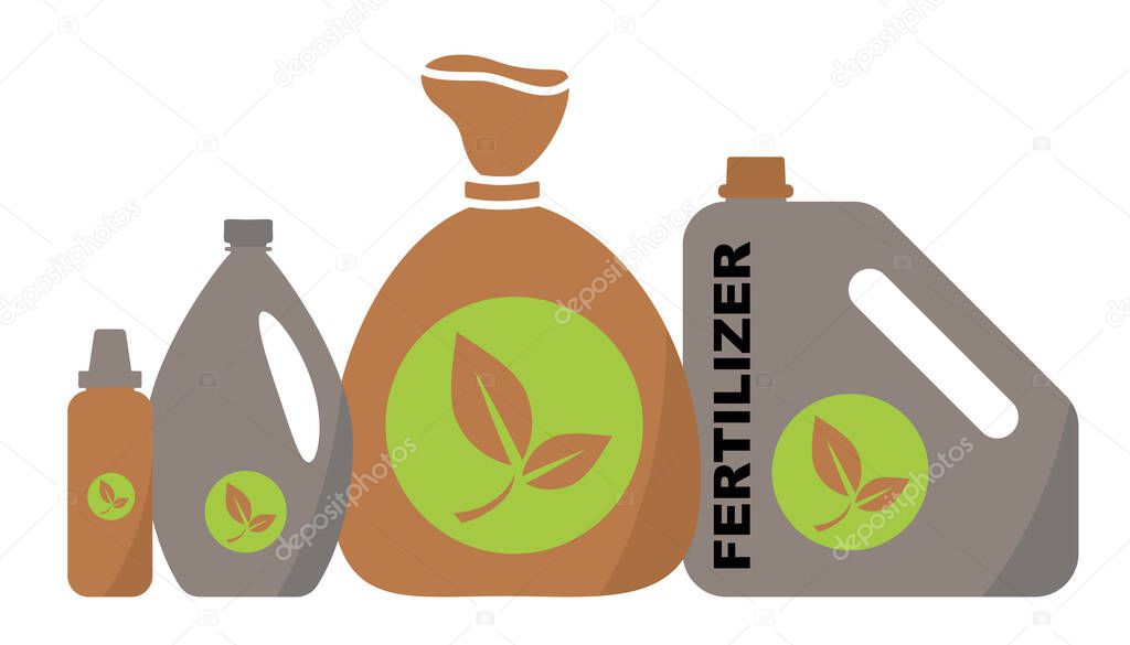Fertilize bags and bottles icon. Compost symbol, fertilize sign with plant silhouette, dirt bags pictograms, garden soil concept