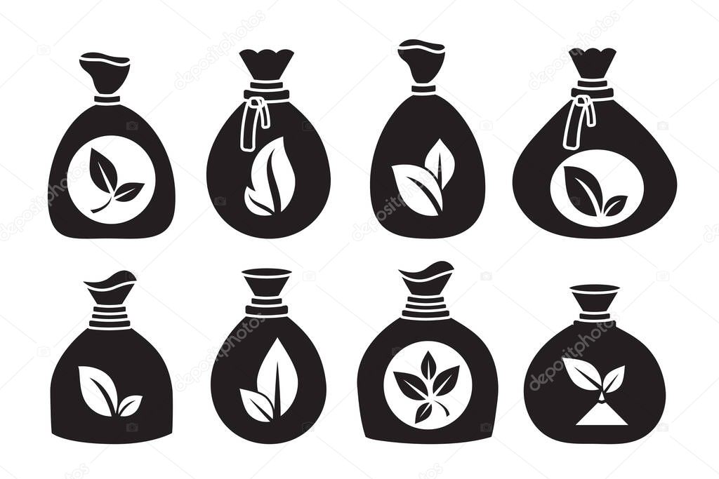 Soil bag icon. Compost sack symbol, fertilizer sign with plant silhouette, dirt bags pictograms, garden soil concept