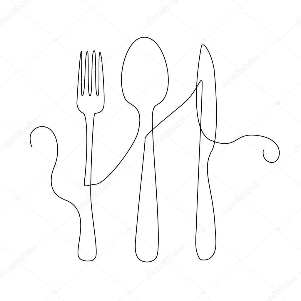 Line drawing spoon, khife, fork. Single draw utensil, line art, continuous monoline drawing tableware, one outline lineart logo, linear vector illustration