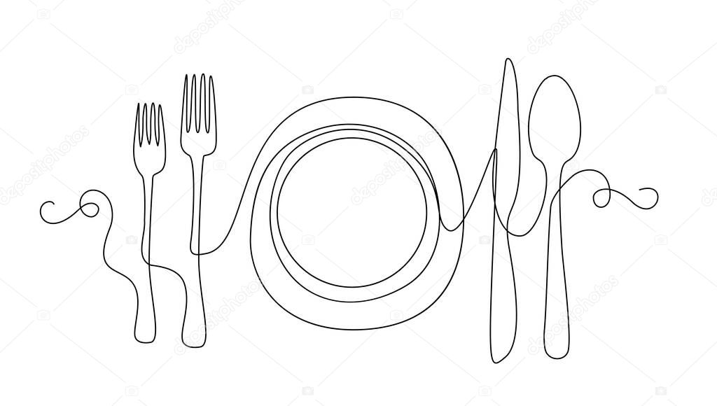 Line drawing plate, spoon, khife, fork. Single draw utensil, line art, continuous monoline drawing tableware, one outline lineart logo, linear vector illustration