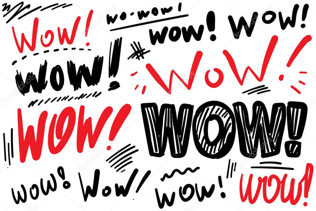 WOW hand drawn word set. Expression doodle text, scribble lettering, wow sketched print, emotional typography, black event quote, font, dynamic vector illustration