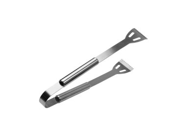Izgara maşası izole edilmiş. BBQ metal ekipmanları, beyaz arka planda çelik barbekü tong