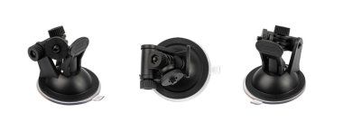 Aspirasyon montajlı araç kamerası izole edildi. Beyaz arkaplanda Gopro aksesuarları