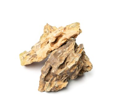 Ohko taşı izole edilmiş. Ejderha taşı, akvaryum tasarımı için gözenekli kil taşı, beyaz arka planda su kaydırak.