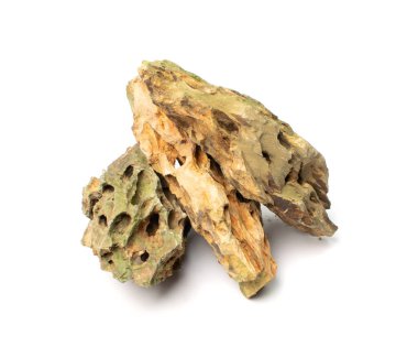 Ohko taşı izole edilmiş. Ejderha taşı, akvaryum tasarımı için gözenekli kil taşı, beyaz arka planda su kaydırak.