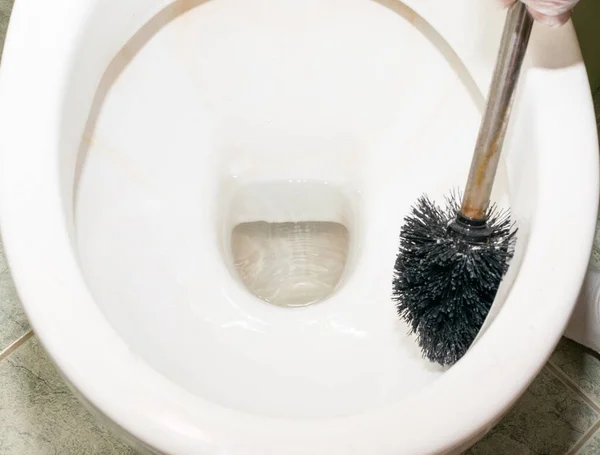 Dirty toilet brush cleaning. Black toilet brush and toilet bowl closeup, clean wc concept