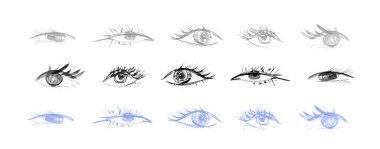 Fırça çekilmiş göz seti. Siyah su rengi göz ikonu, el çizimi grunge göz doktoru sembolü, pürüzlü fırça gözü koleksiyonu