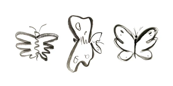 Pinselzeichnung Schmetterling Handgezeichnete Motte Grunge Doodle Insektensymbol Schwarze Aquarell Schmetterlingssilhouette — Stockfoto
