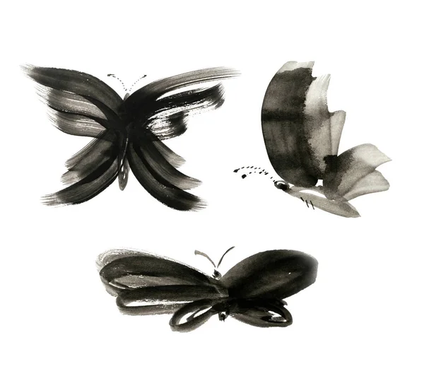 Pinselzeichnung Schmetterling Handgezeichnete Motte Grunge Doodle Insektensymbol Schwarze Aquarell Schmetterlingssilhouette — Stockfoto