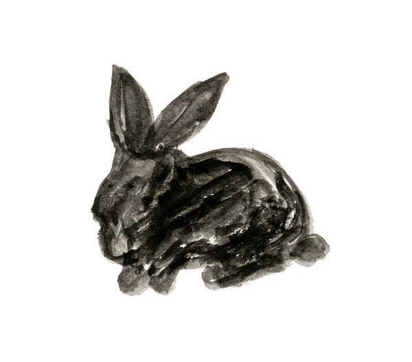 ブラシ描画ウサギ 手描きウサギ グランジドア2023シンボル 黒水彩ウサギのシルエット ヴィンテージフリーハンドウサギの描画 — ストック写真