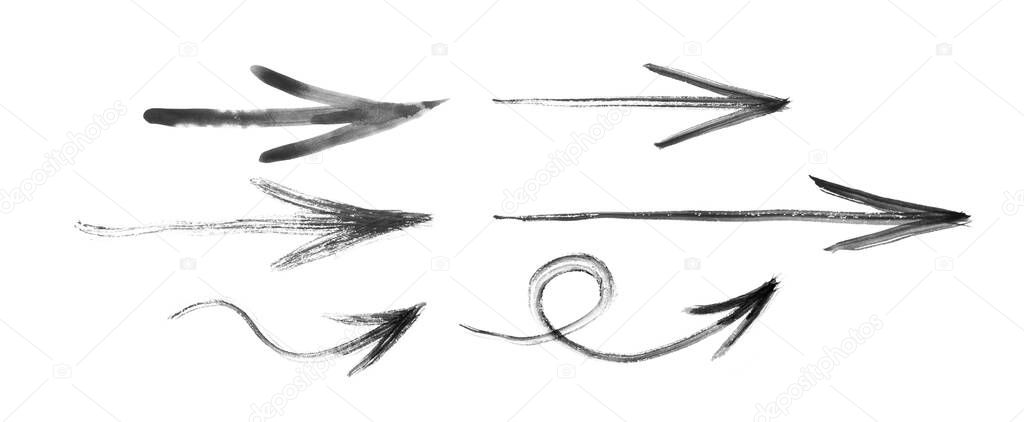 Brush strokes arrows set. Water color direction pointers, paintbrush textures, ink line cursor, hand drawn black arrow, brushstroke painted arrows isolated