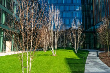Modern office buildings, new business center facade on blue sky background, editorial image view