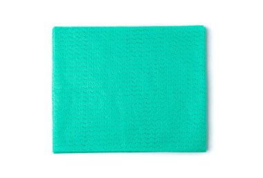 Cleaning cloth isolated. Wipe rag, cleaning microfiber towel, wiping cotton napkin, green microfibre fabric for cleanliness, kitchen cloths on white background top view