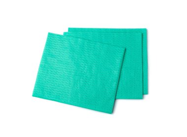 Cleaning cloth isolated. Wipe rag, cleaning microfiber towel, wiping cotton napkin, green microfibre fabric for cleanliness, kitchen cloths on white background top view