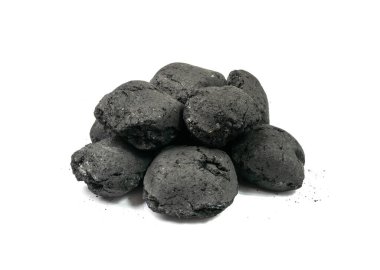 Coal briquette isolated. Pressed charcoal for braai, coconut barbecue coal, bbq briquettes, grill charcoal on white background