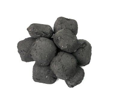 Coal briquette isolated. Pressed charcoal for braai, coconut barbecue coal, bbq briquettes, grill charcoal on white background
