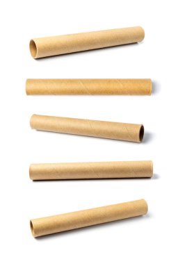 Craft paper roll isolated. Paper end concept, used brown tube, empty rolls set, cardboard waste on white background