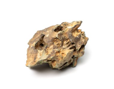 Ohko taşı izole edilmiş. Ejderha taşı, akvaryum tasarımı için gözenekli kil taşı, beyaz arka planda su kaydırak.