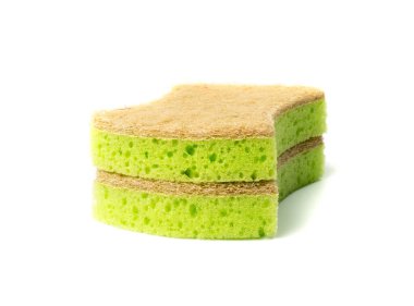 Natural sponge isolated. Green brown sponges, body care concept, eco friendly hygiene accessory, scotch brite dishwasher on a white background