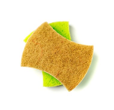 Natural sponge isolated. Green brown sponges, body care concept, eco friendly hygiene accessory, scotch brite dishwasher on a white background