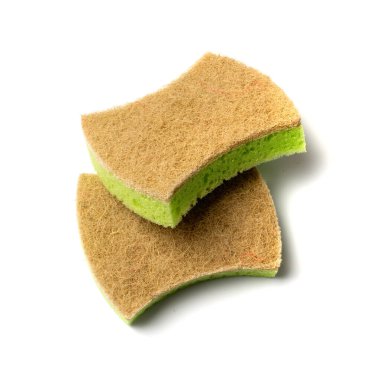 Natural sponge isolated. Green brown sponges, body care concept, eco friendly hygiene accessory, scotch brite dishwasher on a white background