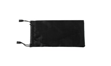 Glasses drawstring isolated. Eyewear pouch, eyeglasses black cloth box, glasses casing on white background