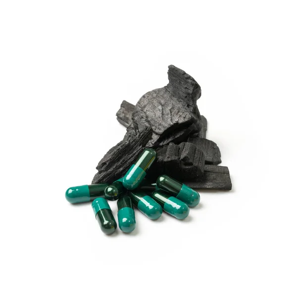 Carbon Capsules Isolated Activated Carbon Pills Coal Capsules Absorbent Charcoal — Zdjęcie stockowe