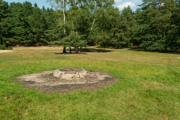 The extinct fire pit outdoor. Fire place for bbq with bonfire ashes, empty campsite, barbecue pit on ground