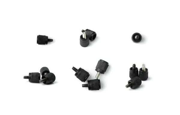 Black Computer Bolts Isolated Heap Small Bolts Screws Nuts White — Foto de Stock