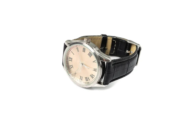 Broken Wristwatch Isolated Old Wrist Watch Black Leather Strap Classic — Stockfoto
