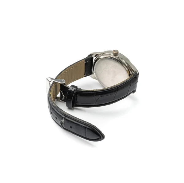 Broken Wristwatch Isolated Old Wrist Watch Black Leather Strap Classic — Zdjęcie stockowe
