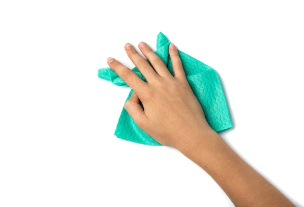 Cleaning Cloth Hand Isolated Wipe Green Rag Cleaning Microfiber Towel —  Fotos de Stock