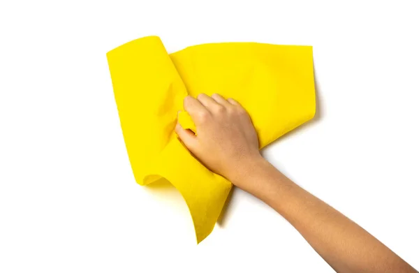 Cleaning Cloth Hand Isolated Wipe Yellow Rag Cleaning Microfiber Towel — Foto de Stock